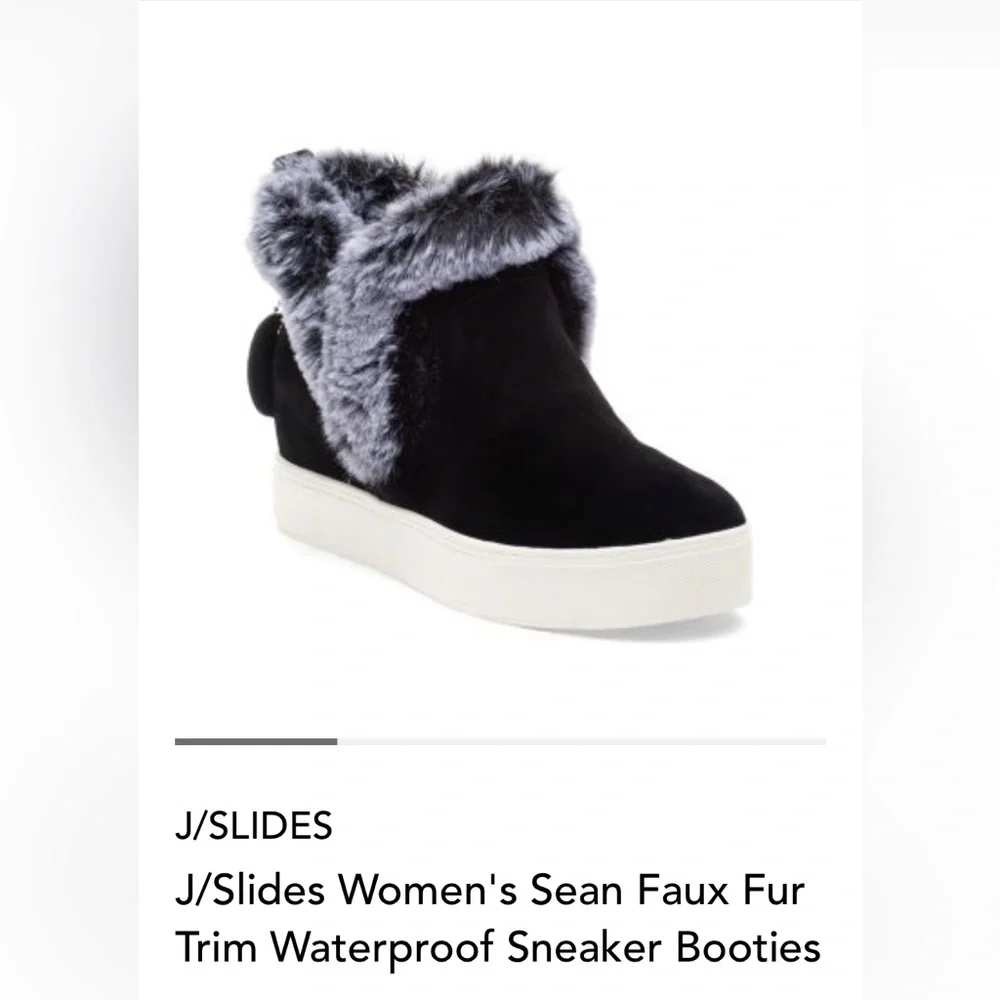 J/Slides Women’s Sean Faux Fur Trim Waterproof Sneaker Booties. Black.